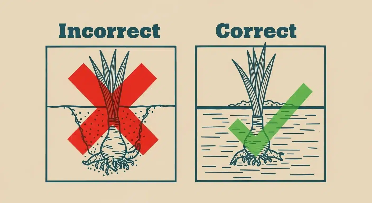 A linocut diagram showing the correct vs incorrect planting depth after dividing irises to ensure blooms.
