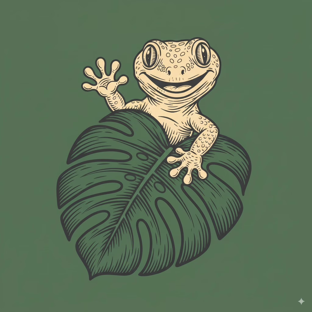 A linocut illustration of Gus the Gecko, the friendly mascot for The Plant Manual, waving from behind a Monstera leaf.