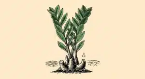 Exposed ZZ plant rhizomes sitting on top of soil, showing the potato-like structures that store water and are key to the plant's resilience.