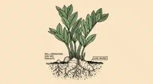 ZZ plant care detail illustration showing proper watering technique