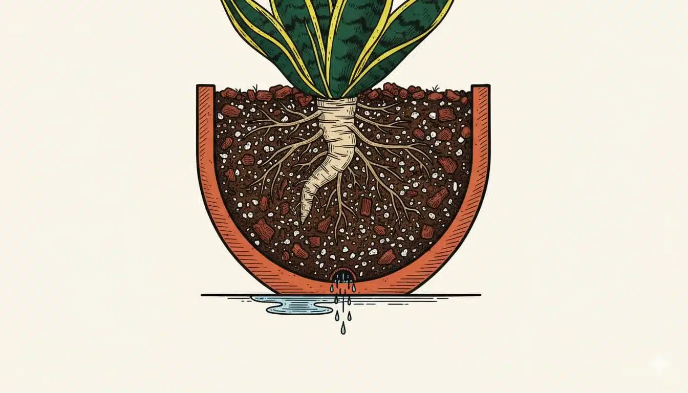 A cross-section diagram showing the layers of the best soil for a snake plant, including potting mix, perlite, and orchid bark for aeration.