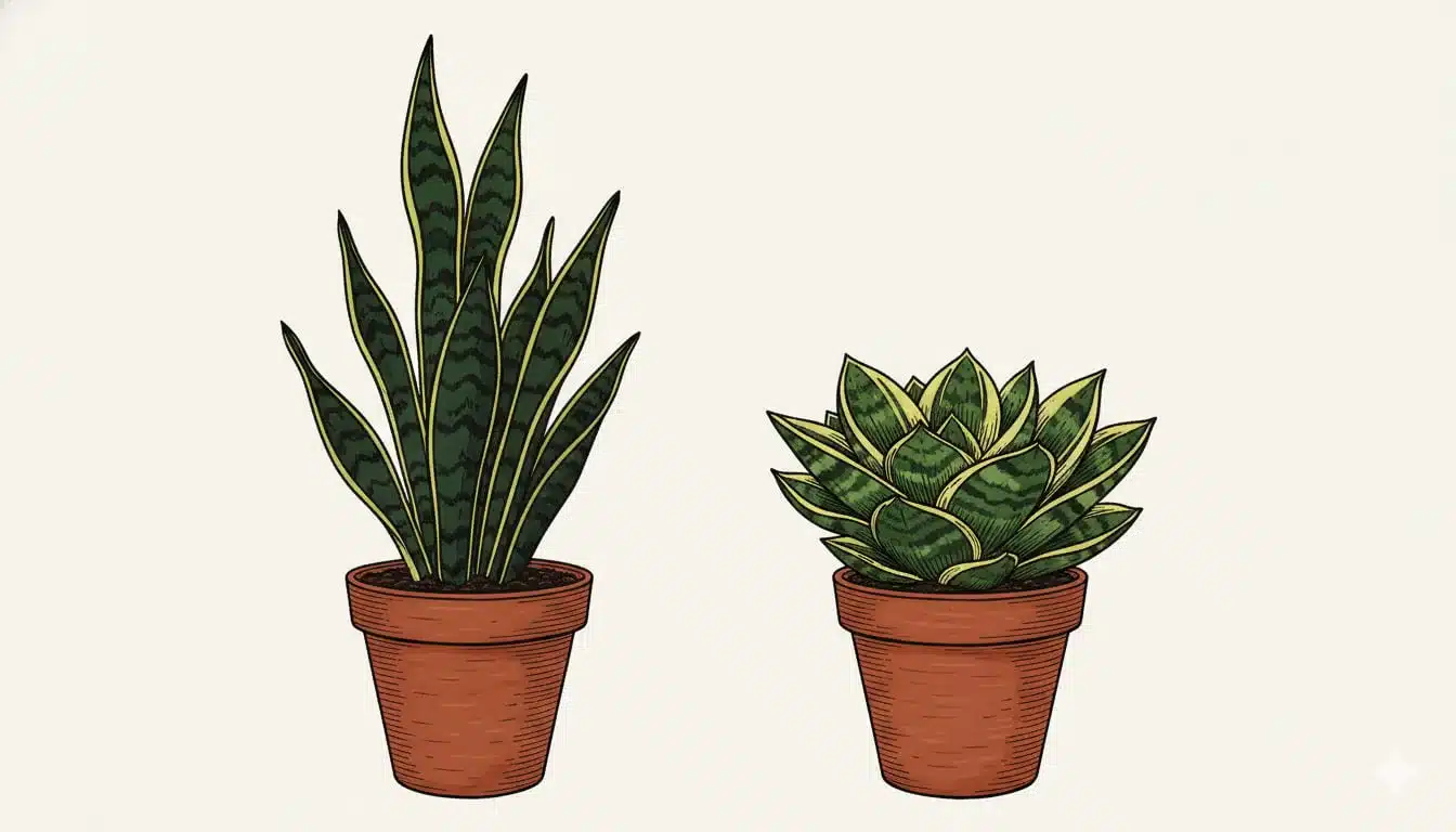 A side-by-side comparison of different snake plant varieties, including the dark Black Coral and the short Hahnii.