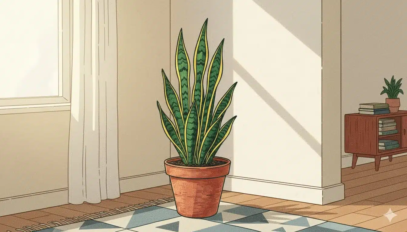 A snake plant thriving in the bright, indirect light of a Scandinavian-style room.