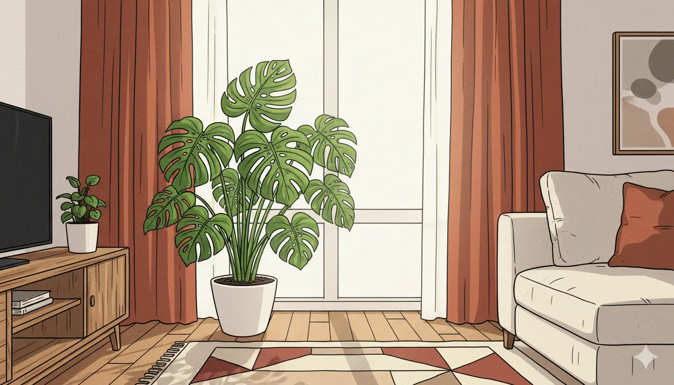 Monstera deliciosa plant in living room with proper lighting setup showing ideal placement near window